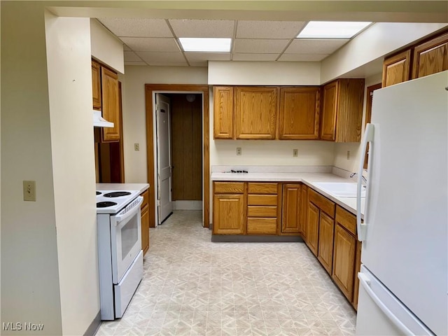 kitchen with white appliances, ventilation hood, a paneled ceiling, and sink