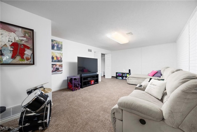 carpeted living area featuring visible vents
