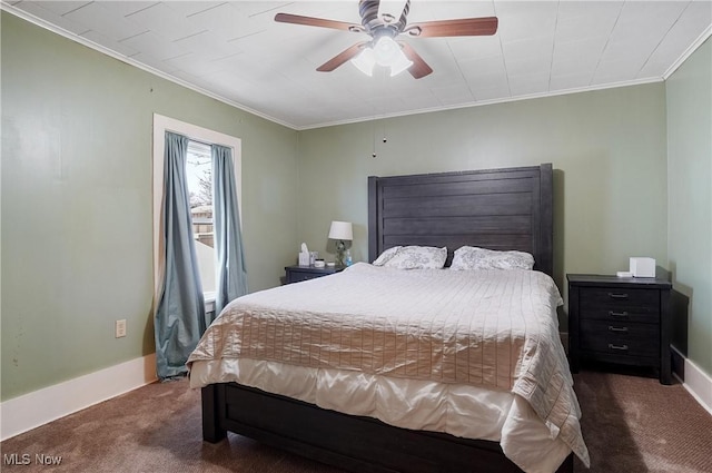 bedroom with ceiling fan, dark carpet, and ornamental molding