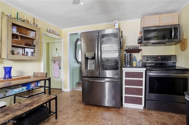 kitchen with light brown cabinetry, ornamental molding, and appliances with stainless steel finishes