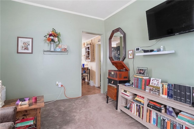 rec room with carpet floors and ornamental molding