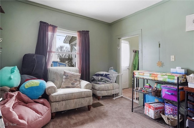 living area with carpet floors and crown molding