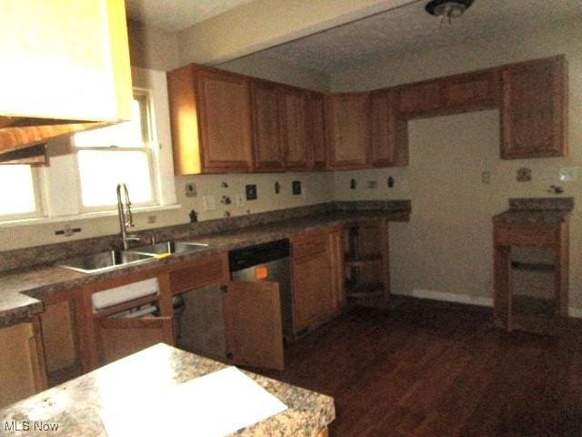 kitchen featuring dark hardwood / wood-style flooring, stainless steel dishwasher, and sink