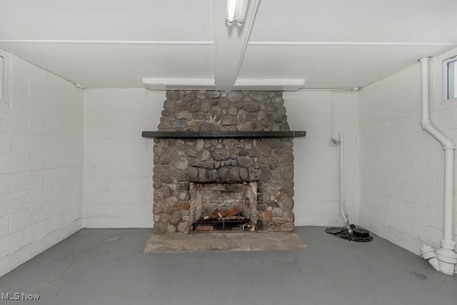 basement featuring a fireplace