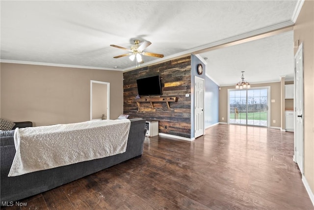 bedroom featuring ceiling fan with notable chandelier, dark hardwood / wood-style floors, ornamental molding, and access to outside