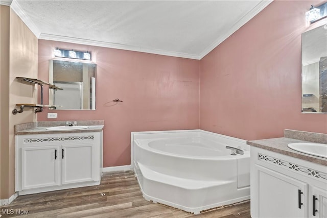 bathroom with a bathing tub, crown molding, vanity, and wood-type flooring