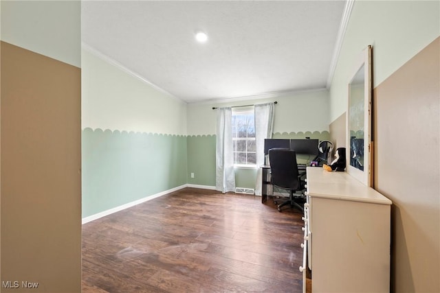 office area featuring crown molding and dark wood-type flooring