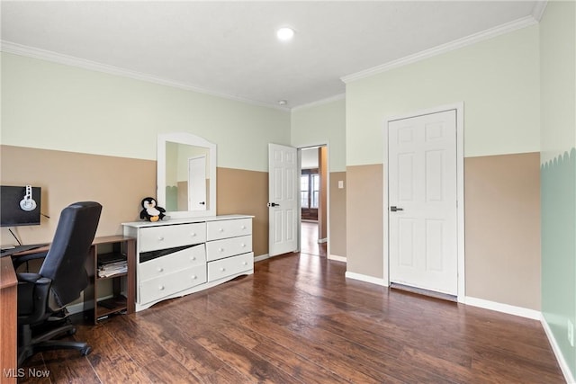 office space featuring crown molding and dark hardwood / wood-style flooring