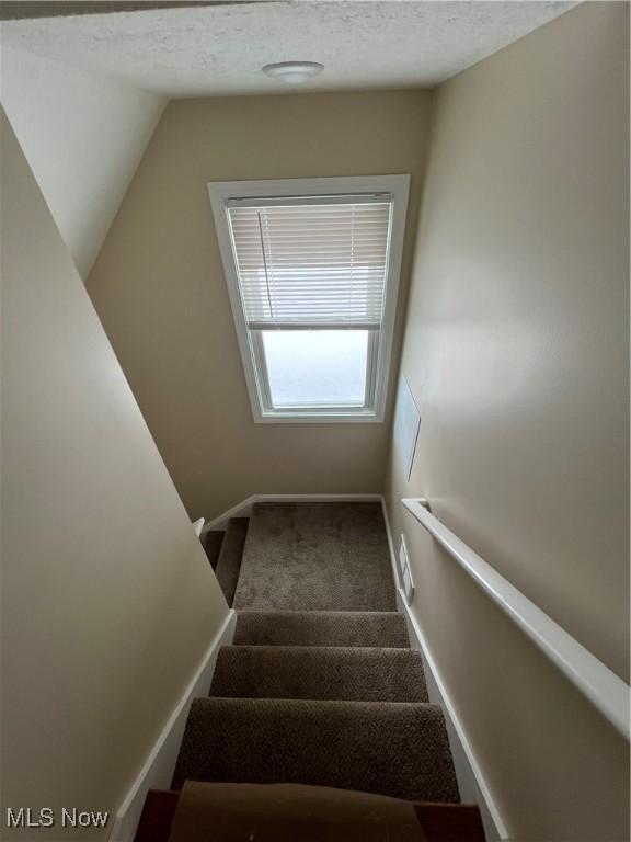 stairway featuring a textured ceiling, carpet floors, and lofted ceiling