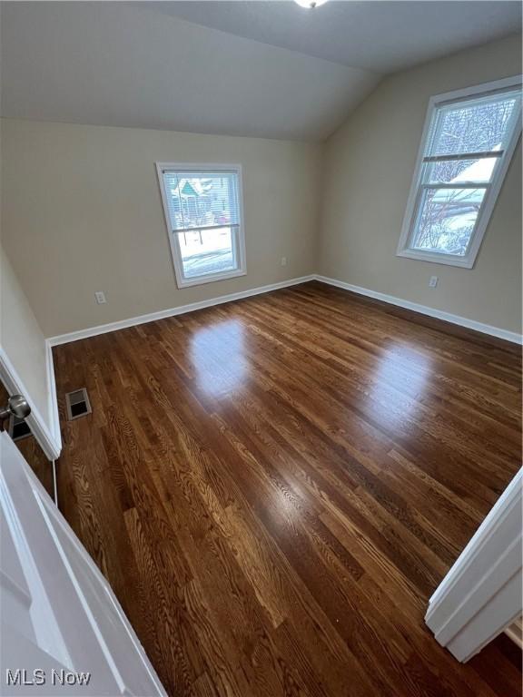 interior space with dark wood-type flooring and lofted ceiling