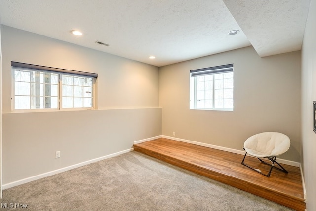 carpeted spare room featuring a textured ceiling