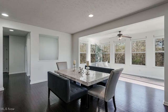 680 Morgan Trl, Aurora, OH 44202 - dining room with baseboards, dark wood-type flooring, ceiling fan, a textured ceiling, and recessed lighting