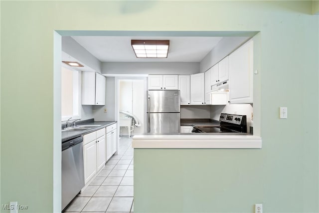 kitchen featuring sink, light tile patterned floors, white cabinetry, kitchen peninsula, and stainless steel appliances