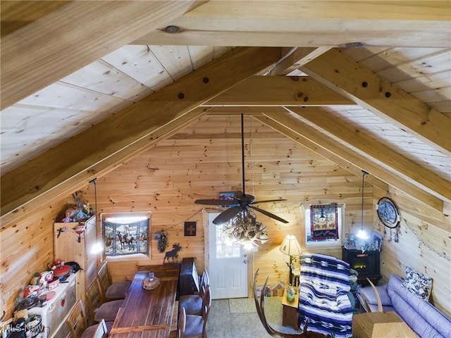 additional living space featuring wood walls, ceiling fan, lofted ceiling with beams, and wooden ceiling