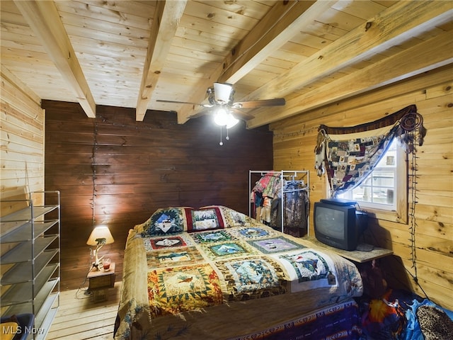 bedroom featuring wood walls, ceiling fan, beam ceiling, and wood ceiling