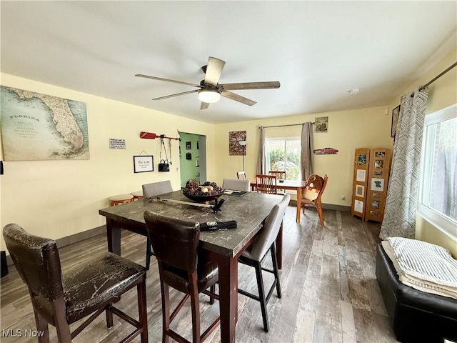 dining room with hardwood / wood-style floors and ceiling fan