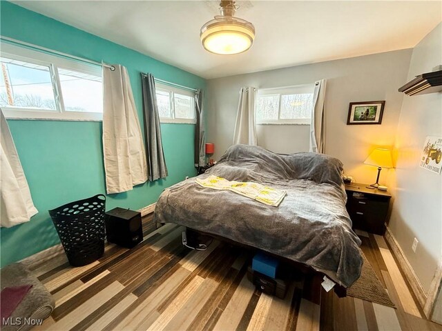 bedroom featuring multiple windows and wood-type flooring