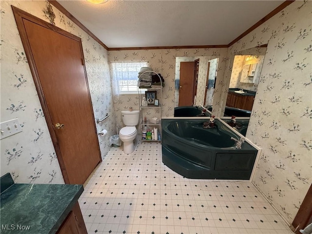 bathroom featuring tile patterned floors, toilet, wallpapered walls, and crown molding