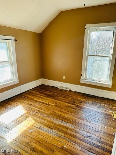 additional living space with hardwood / wood-style flooring, a wealth of natural light, and vaulted ceiling