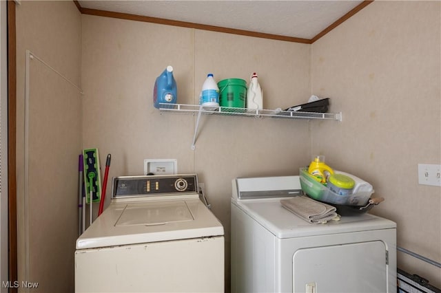 laundry area featuring crown molding and washer and clothes dryer