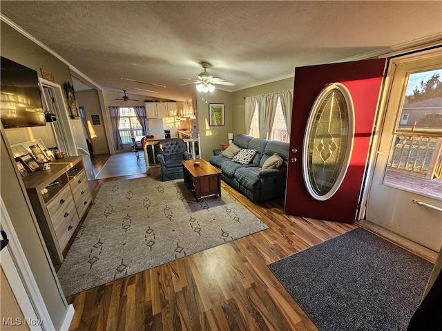 living room featuring vaulted ceiling, hardwood / wood-style flooring, ceiling fan, ornamental molding, and a textured ceiling