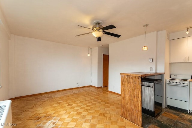 kitchen with pendant lighting, white cabinets, white range, ceiling fan, and light parquet flooring