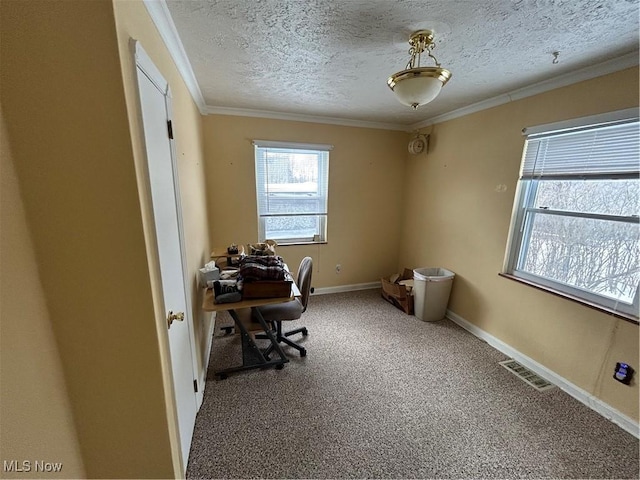 carpeted office featuring a textured ceiling and ornamental molding