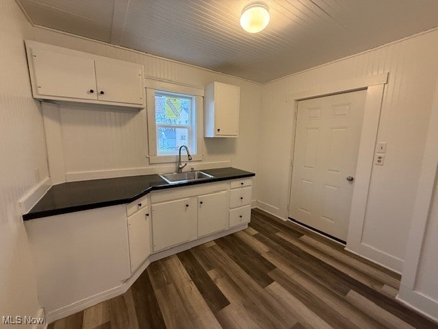 kitchen with white cabinetry, sink, and dark hardwood / wood-style floors