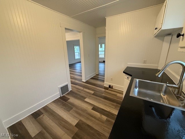 kitchen with white cabinets, dark wood-type flooring, and sink