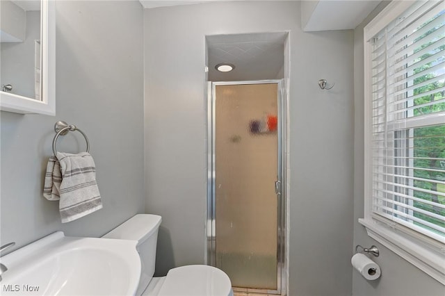 bathroom with sink, a shower with door, and toilet