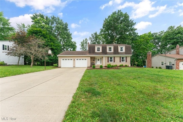 colonial house with a garage and a front lawn