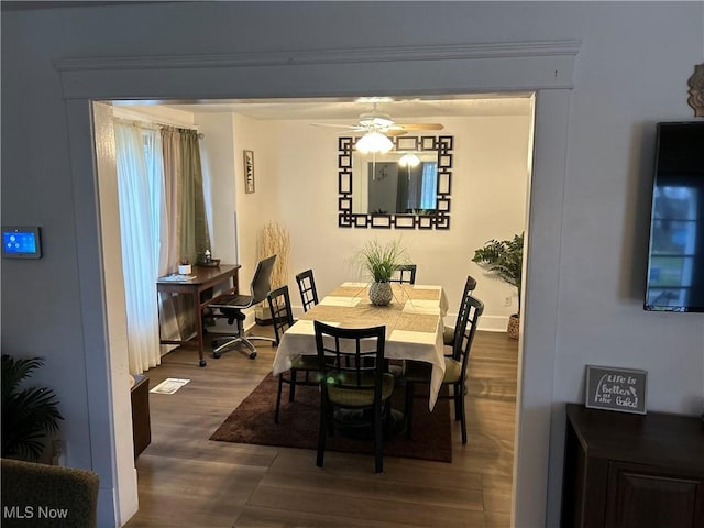 dining space with hardwood / wood-style floors and ceiling fan