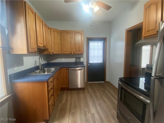 kitchen featuring sink, a healthy amount of sunlight, stainless steel appliances, and light hardwood / wood-style floors