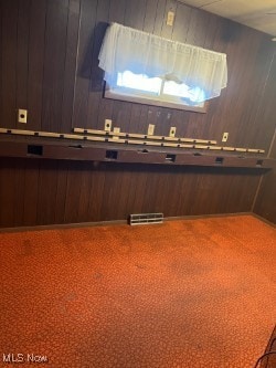 spare room with carpet and wood walls