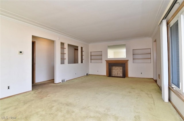 unfurnished living room featuring light carpet, built in features, and ornamental molding