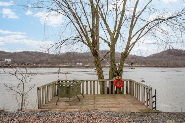 wooden terrace with a water and mountain view