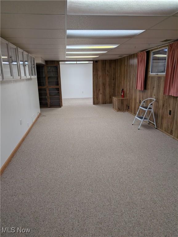 basement featuring carpet flooring and wood walls