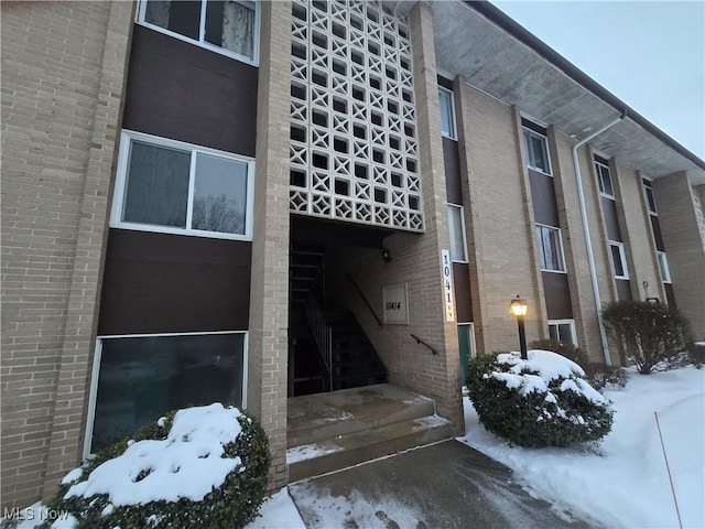 view of snow covered building