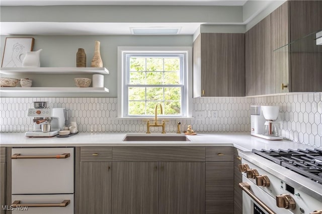 kitchen with decorative backsplash, high end stainless steel range, and sink