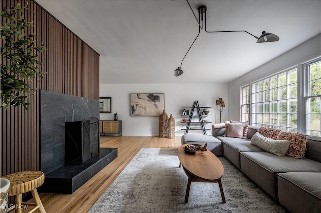 living room with light hardwood / wood-style floors and a premium fireplace