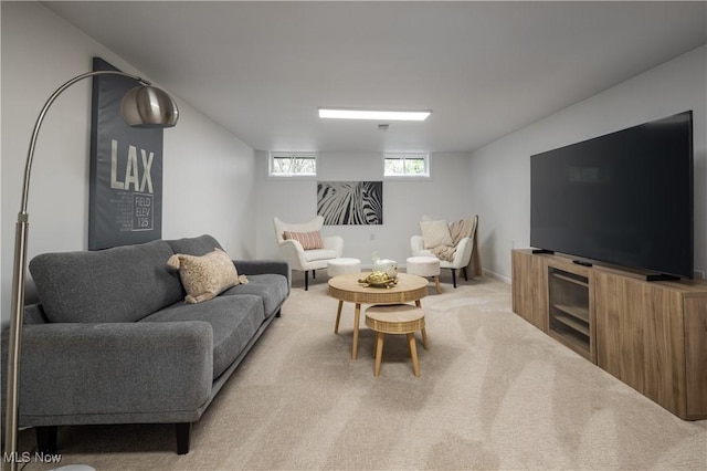 living room featuring light colored carpet