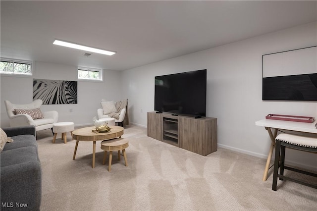 living room featuring light colored carpet