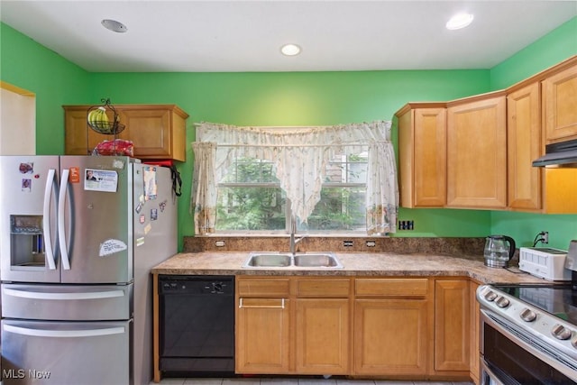 kitchen with range with electric cooktop, sink, black dishwasher, stainless steel refrigerator with ice dispenser, and extractor fan