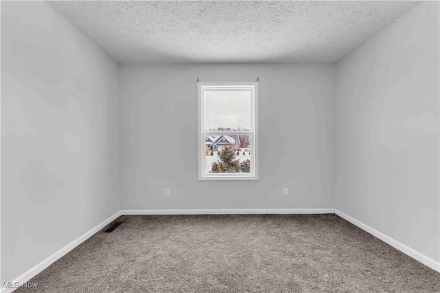 empty room with a textured ceiling and carpet floors