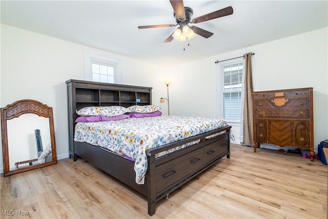 bedroom with ceiling fan and light wood-type flooring