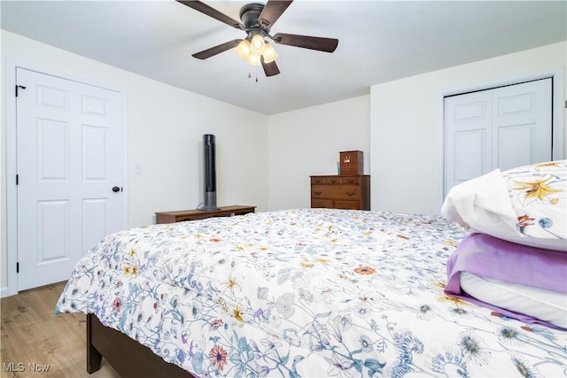 bedroom with ceiling fan, light hardwood / wood-style floors, and a closet