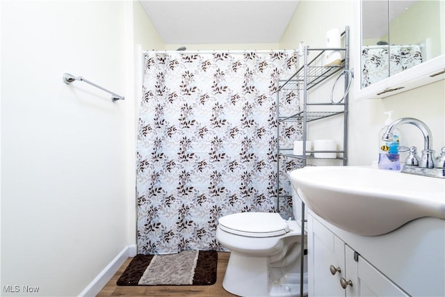 bathroom featuring hardwood / wood-style floors, vanity, and toilet