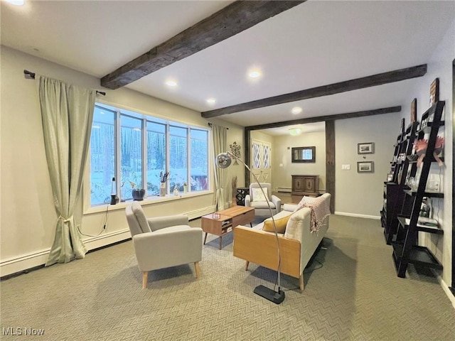 carpeted living room featuring beamed ceiling and a baseboard radiator