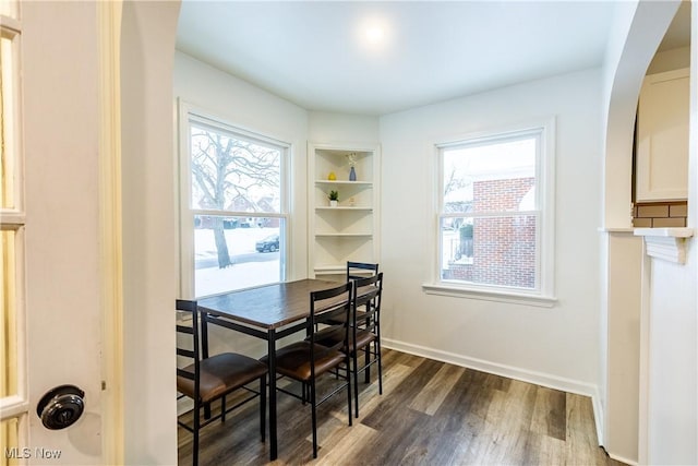 dining room featuring dark hardwood / wood-style floors, a healthy amount of sunlight, and built in shelves