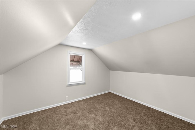 additional living space with carpet flooring, a textured ceiling, and vaulted ceiling